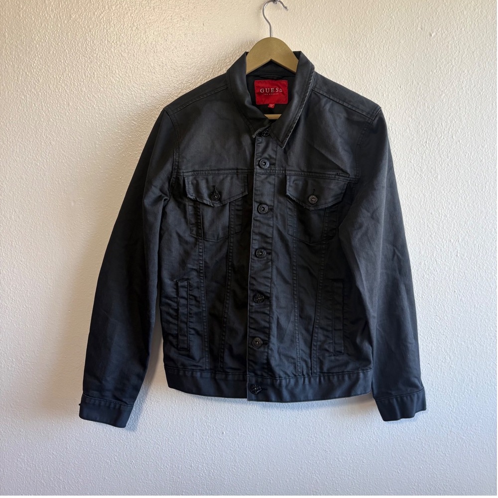 Vintage Guess Mens Medium Black Wax Coated Trucker Jacket Button Up Streetwear
